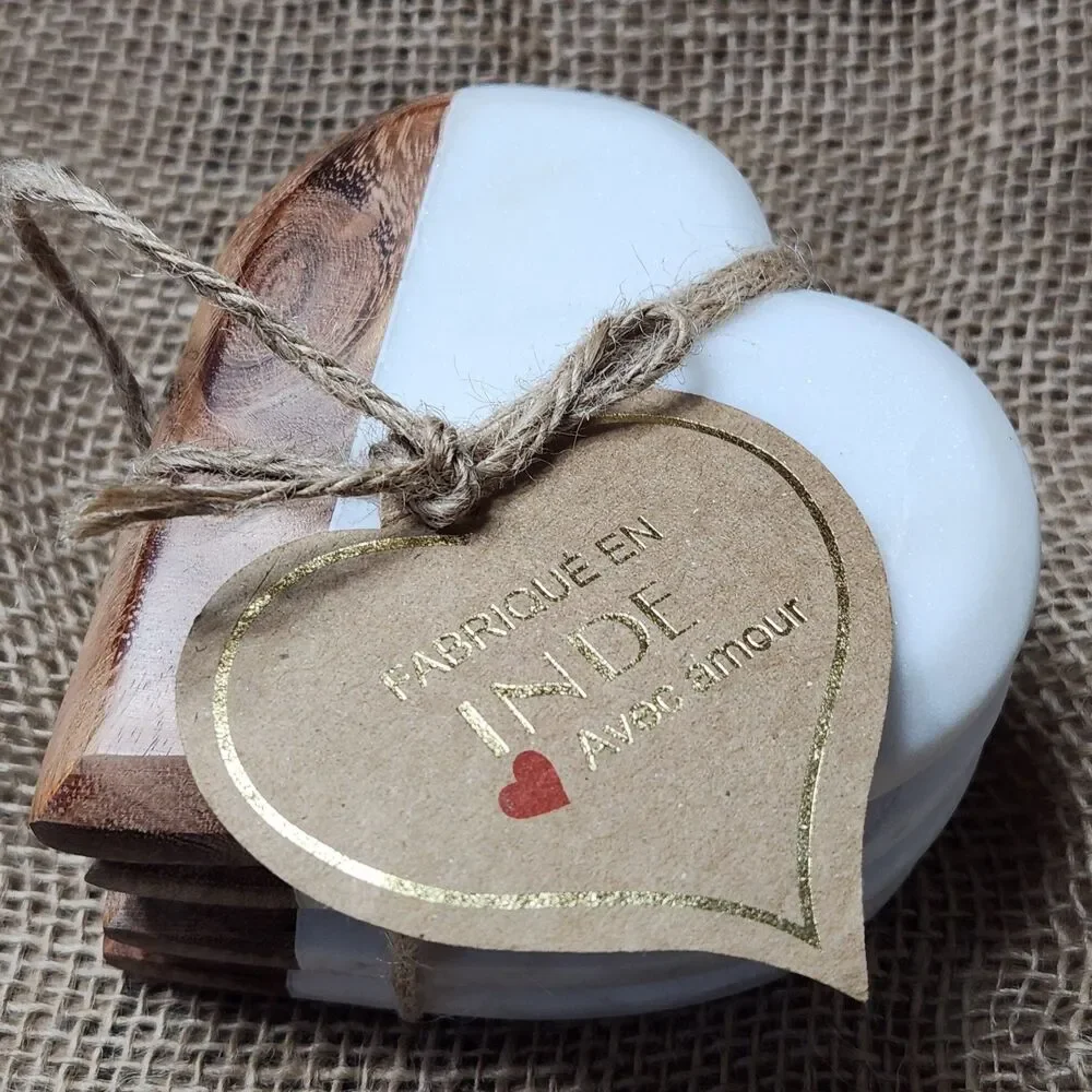 Coasters Handmade Heart Marble and Wood India Boho Farmhouse Rustic Decor 4 NWT